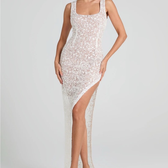 NADINE MERABI Asymmetrical White Sequin Dress - Picture 1 of 2